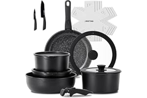 JEETEE Set Pentole Induzione 17 Pezzi, Set Padelle Antiaderenti con Manici Rimovibili,Padella 20/26cm,Padella Profonda 26cm,Casseruola 18/20cm, Impilabile, Per Tutti i Piani Cottura, Adatto al Forno