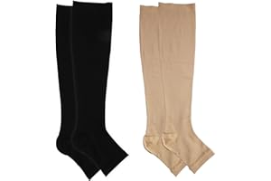 FLLYVLY Medias de Compresión para Hombres y Mujeres, Pie Abierto, Calcetines de Contención Clase 2,Apoyo Gradual para Venas Varicosas, Edema, Vuelos Largos y Embarazo,Dos piezas de negro y color de piel(X/XL)