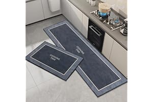 OPLERT Kitchen Rug 2 Piece,Non Slip Washable Kitchen Mats and Rugs Runner Set,Water-absorbent and Stain-resistant Kitchen Floor Mat,Black,40x60+40x120cm