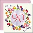 Beautiful 90th Birthday Cards for Women - Watercolour Tulips Flowers Bouquet - Happy Birthday Card for Her Great Grandma Nanny Gran Birthday Gifts, 145mm x 145mm Lovely Floral Greeting Cards Gift