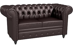 HOMCOM Divano 2 Posti Stile Chesterfield in Finta Pelle, Divanetto da Salotto Trapuntato con Braccioli e Imbottitura Spessa, Sofà con Gambe in Legno di Gomma per Soggiorno e Ufficio, Marrone