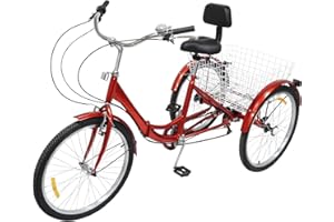 FUROMG Tricycle Pliable 24 Pouces Velo Pliant Adulte pour Adultes,VéLos Pliants pour Personnes âGéEs,3 Roues VéLo De Ville Tricycle Adulte Rouge