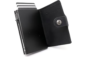 Stealth Wallet - Cartera Ligera y Minimalista con Tarjetero - Carteras Emergentes Seguras con Tarjeteros con Bloqueo RFID (Aluminio Negro con Piel de Crazy Horse Negro y Bolsillo para Monedas)