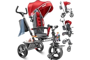 KIDIZ Tricycle 6-in-1 Children's Tricycle with Push Bar, Steerable from 9 Months up to 25 kg, Jogger Forward and Reversing, Basket Bag, Drink Holder, Sun Canopy, Rubber Wheels, Buggy, Bicycle, Baby, Foldable, Red