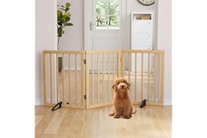 Semiocthome Wood Dog Gates and Barriers Indoor, 3-Panel Freestanding Puppy Gates for The House with 2 Metal Stands, 60cm (H) Folding Pet Gate for Stairs, Doorway Expands Up to 140cm - Natural