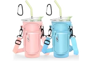 Gerbala 2 Pcs Bolsa Porta Botella de Agua para Stanley Tumbler, Funda para Botella Bolsa Multifuncional Botella Agua con Correa Ajustable para el Hombro Soporte para Botella de Agua Azul + Rosa