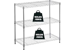 Actask Scaffali in Metallo, Scaffale a 3 Ripiani in Metallica Filo con Piedini di Livellamento Regolabili per Cucina Bagno Garage Dispensa Piante Portaoggetti - 204 KG di Peso Massimo, Cromo