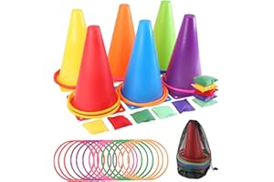 Coriver 32 Pcs Ring Toss Game Set, 3 in 1 Carnival Combo Set with Bean Bags, Plastic Hoops, Cone Markers and Carry Mesh Bag, Kids Agility Training Games for Indoor Outdoor Sports Course Yard Lawn