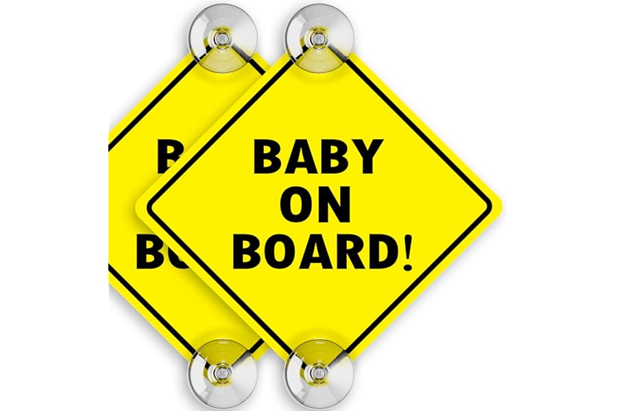 Baby On Board Sign for Car with Suction Cups - 2 Pack, 5" by 5" - Perfect for Baby, Toddler, Kid, Child - Bright Yellow, Durable and Strong Suction