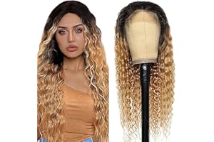Weeybay Echthaar Perücke Deep Wave Human Hair Wig Glueless Wear and Go 4X1 Lace Closure PerüCken Damen 100% Brasilianisches Bleached Knot Ombre Blonde Color 2 Tones 26 Zoll