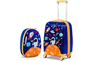 Maxmass 2PCS Kids Luggage Set, 18" Hard Shell Children Suitcase with 12’’ Backpack, Girls Boys Trolley Case for School Travel (Space, Blue)