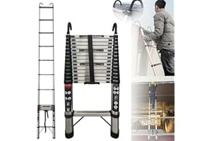 ROYALSWILL Telescopic Folding Ladder, 5 m, Extendable Ladder with 2 Hooks, Non-Slip Steel Ladder, Multi-Purpose Ladder, Extension Ladder, 101 cm to 5.0 m Telescopic Extension Ladder, 150 kg Load Capacity (5 m)