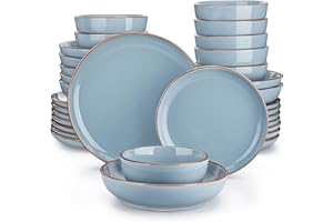 vancasso Dinner Sets, Nymph Blue Plates and Bowls Set, 32-Piece Color Glaze Crockery Set with 10.5in Dinner Plate, 8in Salad Plate, 1340ml Pasta Bowl and 800ml Cereal Bowl