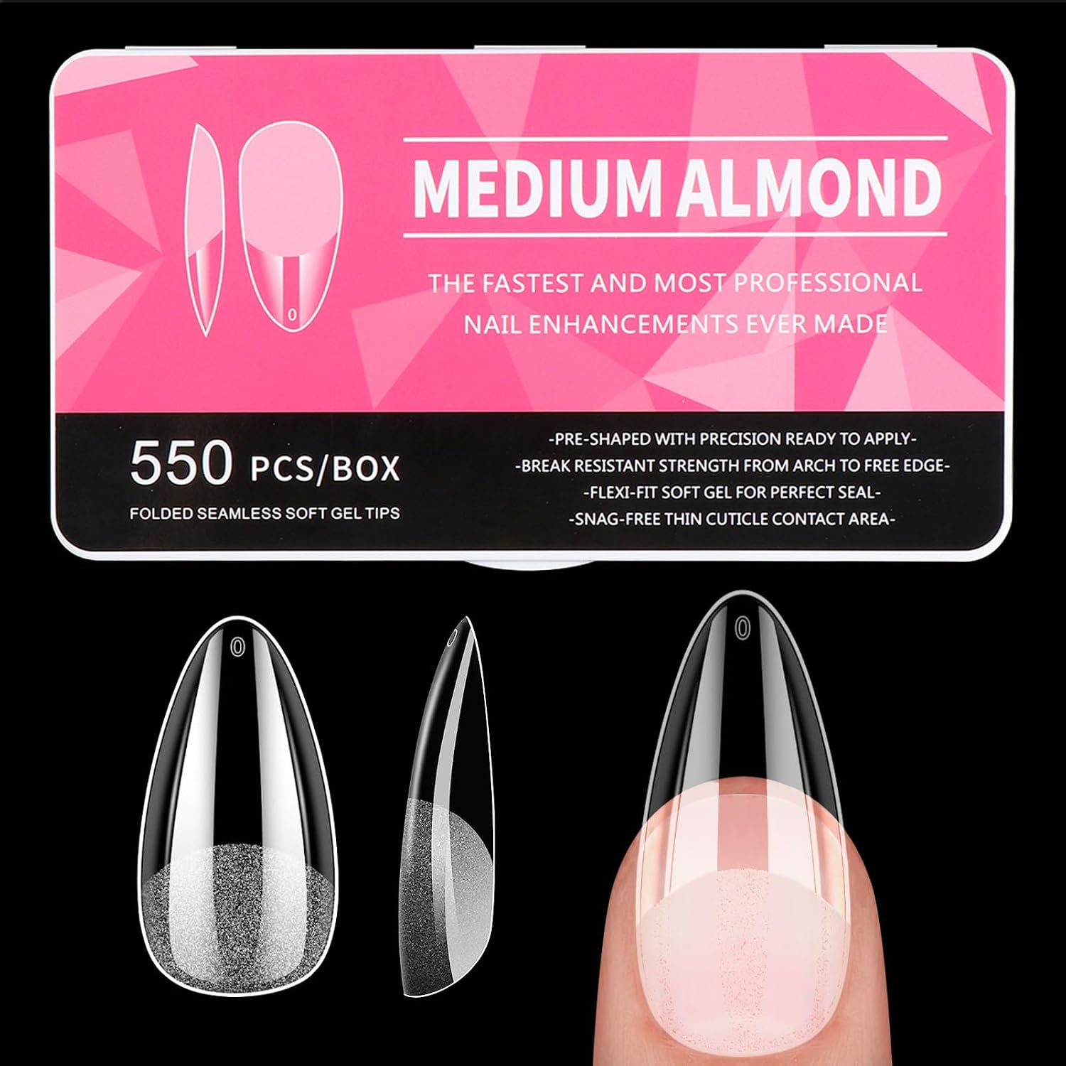 Uñas Postizas Almendra, Diboniur 550 Piezas Tips Uñas Transparentes, 11 Tamaños Soft Gel Puntas de Uñas, Uñas de Gel Nail Tips Cobertura Total para Salones Uñas, Manicuras DIY