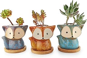 T4U Fox Plant Pots, Ceramic Plant Pots Set of 3, Cute Small Animal Planter for Succulent Cactus, Garden Home Office Desk Decoration with Transmutation Glaze, Birthday