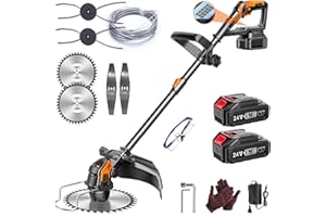 Fiutazge Akku Rasentrimmer, Rasentrimmer mit Akku und Ladegerät, mit 2 Akku, 3-In-1 Freischneider, Teleskopierbar, 90° Drehung, 10 Meter Lange Schnittlinie, 4 Metallklingen, für das Rasenmähen