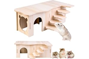 Vegena Casa de Hámster de Esquina, Madera con Escaleras, Jaula y Accesorio para Jerbos, Degus, Ratones Espinosos y Hámsters enanos (27 x 15 x 15 cm)