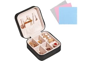 FuninCrea Jewellery Box Organiser for Women, Mini PU Leather Travel Jewelry Storage Case with 3pcs Silver Cloth for Rings Earrings Necklace, Portable Jewelry Case for Girl, Wife, Mother (black)