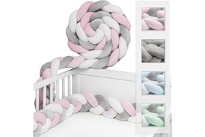 JAKOR® Yoki - Bettschlange in 2 oder 3 Meter - geprüfte ÖKO TEX Qualität - Bettschlange geflochten inkl. Wäschenetz - Babybettumrandung - Bettumrandung Babybett – 300x12x8cm (Rosa/Weiß/Grau)