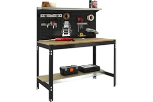SIMON RACK SimonRack Etabli d’Atelier, Capacité de Charge 400 kg, 1445x910x610 mm, Panneau Perforé avec 1 Étagère, Table de Travail Bricolage, Anthracite/Bois - BT3