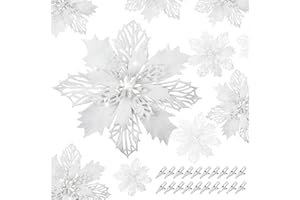 ‎YSUVIN YSUVIN Weihnachtsblumen dekorieren, 20 Stück Weiß Weihnachten Blumen Weihnachtsstern Ornamente Poinsettia Glitzer Christbaumschmuck Geeignet für Weihnachten Hochzeitsfeier Neujahr