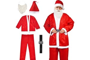 VFZILH Weihnachtsmann Kostüm Set Erwachsene Verstellbare Größe,5PCS Deluxe Samt Weihnachtsmann Anzug Herren,Professionelle Weihnachtsmann-Kostüm Nikolaus Kostüm Santa Claus Costume für Weihnachtsparty
