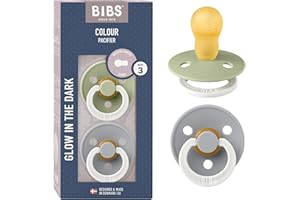 BIBS Colour Glow Soother 2-Pack, Glow in The Dark BPA Free Dummy Pacifier, Round Nipple. Natural Rubber Latex, Size 3 (18+ Months), Sage Night/Cloud Night