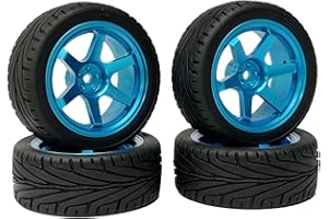 KINGCOO Juego de neumáticos y ruedas de coche RC, 4 piezas de neumáticos de goma de 65 mm y 6 radios de aleación de aluminio, llantas de aleación, piezas de repuesto para 1/10 RC On-Road Touring