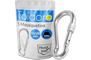Toldoro Mousqueton en acier inoxydable avec fermeture de sécurité, mousqueton 100 mm, mousqueton de fixation, mousqueton en acier inoxydable avec fermeture