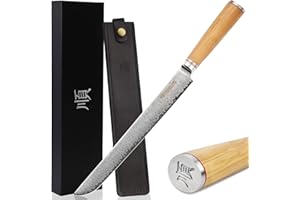 YOUSUNLONG Cuchillo Sakimaru de 279 mm Sashimi Sushi Knife - Cuchillo de filete de acero damasco martillado japonés - Carne, pescado, salmón - Mango de madera de olivo italiano con funda de cuero
