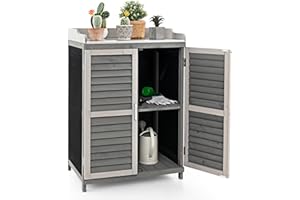 HOMASIS Pflanztisch Outdoor wetterfest aus Holz, Gartentisch mit Schrank & Metallplatte, Arbeitstisch mit 2 Regaln & 3 Rolltüren, Blumentisch Holzschrank für Terrasse Garten Balkon, 67x47x100cm, Grau