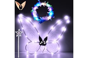 SHENGRUILI LED Feenflügel Leuchtende,Feenflügel Kinder,Schmetterlingsflügel mit Elfenöhren,LED Feder Stirnbänder und Sterne Feenstäbe,Fairy Wings,Flügel Fee,für Halloween,Karneval,Party,Fasching Kostüm