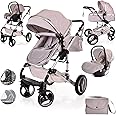 Baby Buggy Pram Pushchair Stroller 3 in 1 Child Lightweight Folding Stroller 3 in 1 Travel System Pram for Newborns & Toddlers 0-36 Months from Birth Aluminum (Light Grey - Silver Frame)
