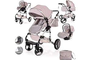 BAYOBAY Baby Buggy Pram Pushchair Stroller 3 in 1 Child Lightweight Folding Stroller 3 in 1 Travel System Pram for Newborns & Toddlers 0-36 Months from Birth Aluminum (Light Grey - Silver Frame)