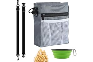 Merwlukt Leckerlitasche für Hunde, Leckerlibeutel für Hunde mit Viel Platz, Futterbeutel Hundetraining mit Kotbeutelspender, Handyfach, Hundenapf Faltbar, Grau