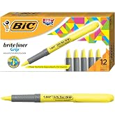 BIC Highlighter Grip, Fluorescent Highlighters with Anti-Dry Technology, Optimal for School and Office Use, Yellow, Pack of 1