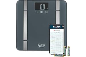 Salter SA00432GFEU6 Bathroom Smart Scale – Bluetooth Digital Scale, 200kg, Measure Weight, Body Fat/Water, Muscle/Bone Mass, BMI/BMR, 8 User Memory, Connect to Phone with Free Salter Health App, Grey
