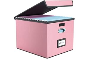 Finew Upgraded Portable File Organiser Box with Lid, Foldable Linen Hanging Filing Storage Boxes with Plastic Slide, Decorative Home/Office Filing System for File and Folders Storage (Pink)