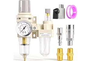 Tailonz Pneumatic 1/4 Inch NPT Air Filter Pressure Regulator Water/Oil Trap Separator Combo(0-145PSI),Air Tool Compressor Filter with Gauge AC2010-02(Manual Drainage)