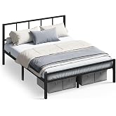 VASAGLE Double Bed, Metal Frame, Headboard, Matte Black, 135 x 190 cm | CONNER Collection RMB296B101 250kg Easy Assembly Bedr