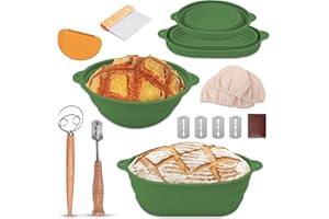 YAANI Cestini in silicone Banneton per lievitazione pane, rotondi da 23 cm e ovali da 25 cm, pieghevoli, frusta per pasta, raschietto in acciaio, raschietto in silicone, kit per pasta madre (Verde)