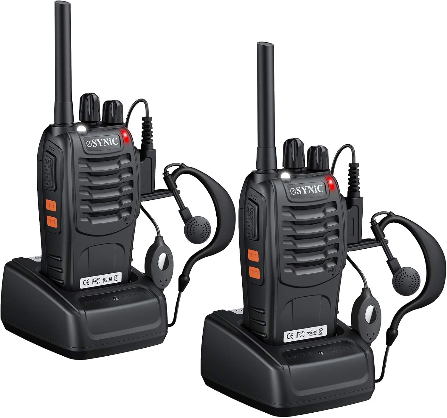 eSynic 2PCS Walkie Talkies de Larga Distancia con Auriculares Walkie-Talkie Profesional 16 Canales 1500mAh con Cargador USB Soporta VOX para Sobrevivir en el Campo Ciclisimo