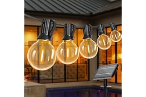 Bomcosy Guirlande Lumineuse Exterieur Solaire, 100FT G40 Guirlandes Lumineuses avec 52 LED Ampoules Blanc Chaud, IP45 Etanche, pour Fête, Mariage, Anniversaire, Chambre, Jardin