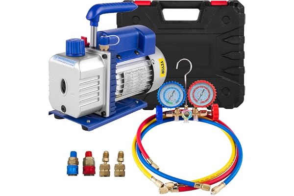 VEVOR Kit Pompe à Vide Climatisation 4 CFM (113 L/min) Kit de Pompe à Vide Automatique 1/3 HP avec 3 Tuyaux 1720 tr/min pour Climatiseur Clim Voiture Automobile HVAC Réfrigérateur