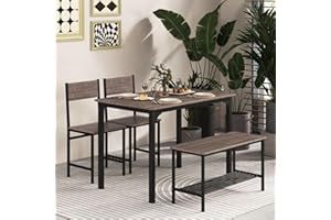 GiantexUK Dining Table and 2 Chairs with Bench, 4PCS Wooden Dining Room Set with Storage Rack, Space Saving 4-Seater Kitchen Table Set Furniture for Home Dining Living Room (Grey)