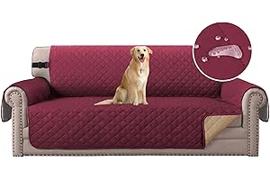 H.Versailtex Sofa Cover 3 Seater, Water Resistant Couch Covers for Pets, Sofa Slipcovers with 2" Wide Elastic Strap, Quilted Sofa Slipcover for Kids (Burgundy/Tan)