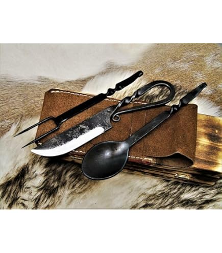 Set Posate Medievali Vichinghe - Coltello, Forchetta, Cucchiaio In Acciaio, Decorativo - Foto 3