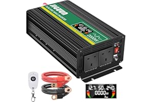 JIGUUN 2000W Pure Sine Wave Inverter 12V to 240V 230V car converter 4000W peak with LCD Display,2 AC UK Outlets and 1 USB port-Wireless remote control-for RVs, trucks, camping, emergencies, etc.