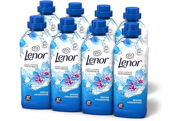 Lenor Tvättmaskin Koncentrerad mjukgörare, 200 tvättar (8 x 25), våruppvaknande, långvarig friskhet och mjukhet av vegetabiliskt ursprung, doftande lakan upp till 1 vecka (8 x 525 ml)