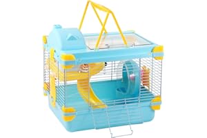 Misyue Dwarf Hamster Travel Portable Carrier Cage 2-Floors Syrian Hamster Home House Rodent Habitat Cage for Dwarf Hamster,Ferrets, Gerbil（Blue)）